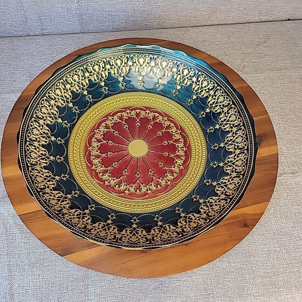 Turkish Topkapi Art Glass Lrg Decorative Bowl Teal Red Gold Scrollwork Heavy 20"